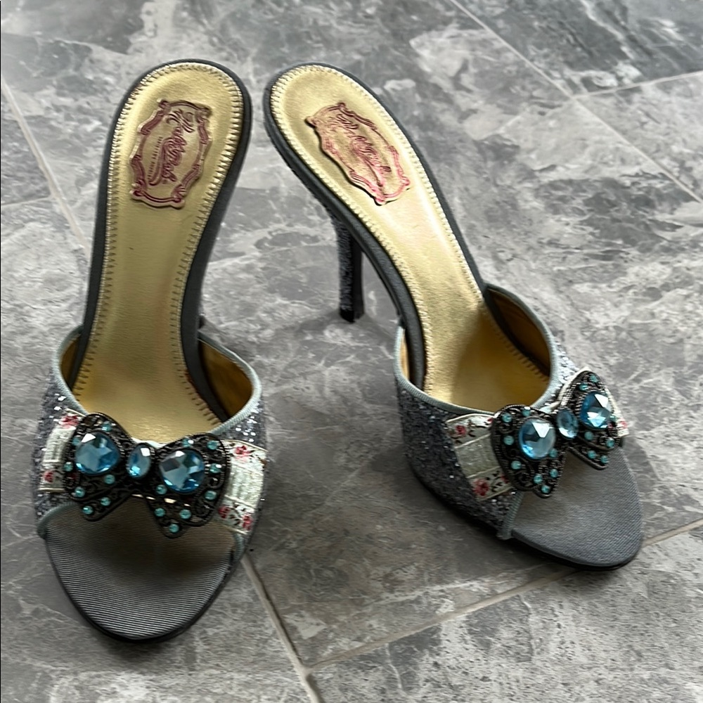 Hale Bob Elegant Light Blue Heels with Glitter and Sparkling Bow